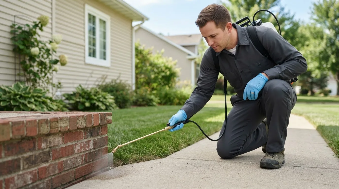 Pest control technician treating a home near Wales, MA